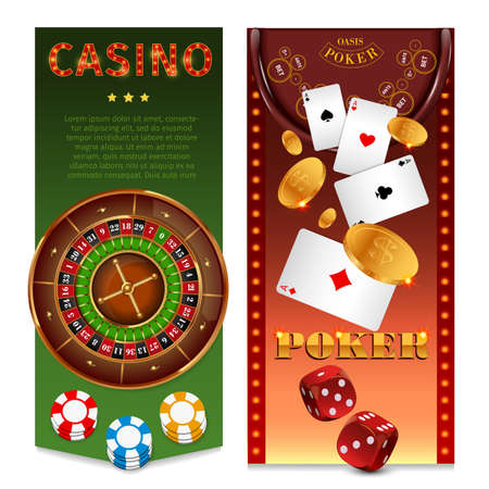 Realistic casino games vertical banners with roulette chips playing cards poker table gold coins dice vector illustrationのイラスト素材