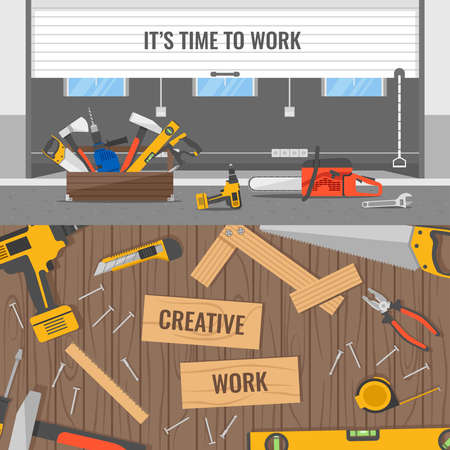 Workplaces and tools compositions with office or warehouse space and wooden table for carpenter isolated vector illustrationのイラスト素材