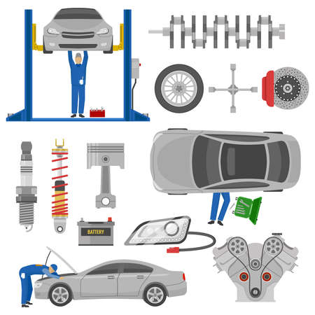 Car service decorative elements set with working mechanics auto spare parts hoist tools isolated vector illustrationのイラスト素材