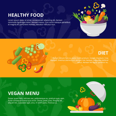 Flat isolated banner set with sliced vegetables in the bowl on the platter and cutting board vector illustratioのイラスト素材