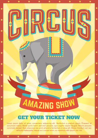 Flat circus poster with description of elephant performances and ribbon with the inscription amazing show vector illustrationのイラスト素材