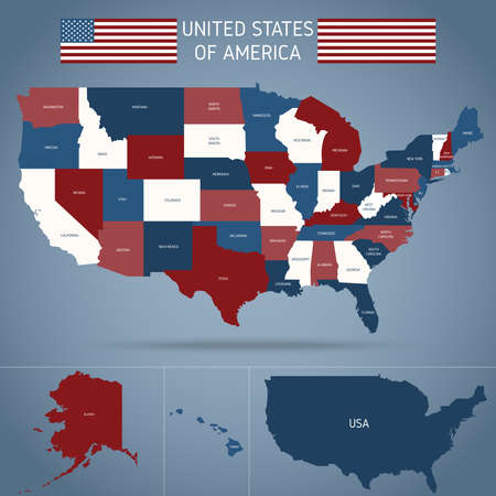 Political map of usa poster with american flag regions of country on blue background vector illustrationのイラスト素材