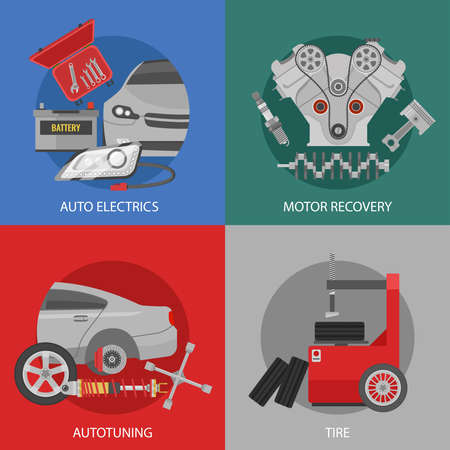 Flat professional car repair square composition with auto electric engine recovery tuning and tire services vector illustrationのイラスト素材