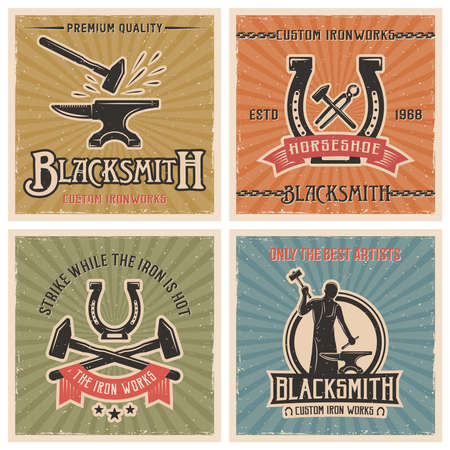 Blacksmith retro icon set with descriptions of custom ironworks strike while the iron is hot only the best artists vector illustrationのイラスト素材
