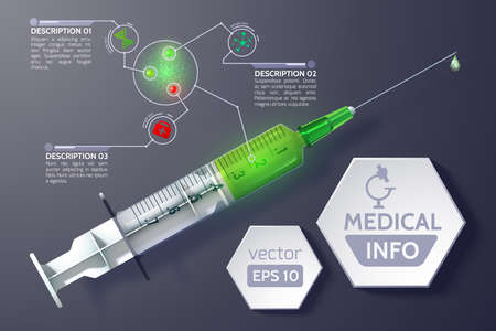 Medical science infographics with syringe hexagons text and simple icons in realistic styleのイラスト素材