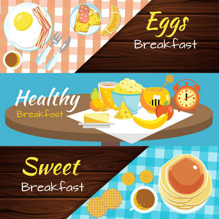 Three horizontal top view flat breakfast banner set with inscriptions eggs breakfast healthy breakfast and sweet breakfast vector illustrationのイラスト素材