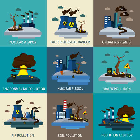 Environmental pollution icon set with descriptions of nuclear weapon bacteriological danger environmental water air soil and ecology pollution vector illustrationのイラスト素材