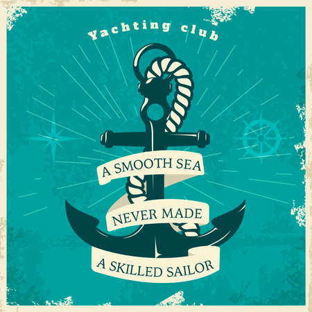 Yachting club vintage style poster with anchor rope star rays steering control on blue background...