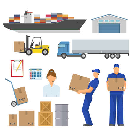 Logistics decorative flat icons set with ship warehouse loader truck trolley operator workers goods isolated vector illustrationのイラスト素材