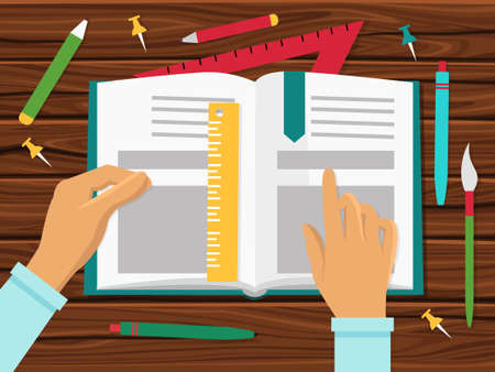 School books concept with book on the table and human hands top view vector illustrationのイラスト素材
