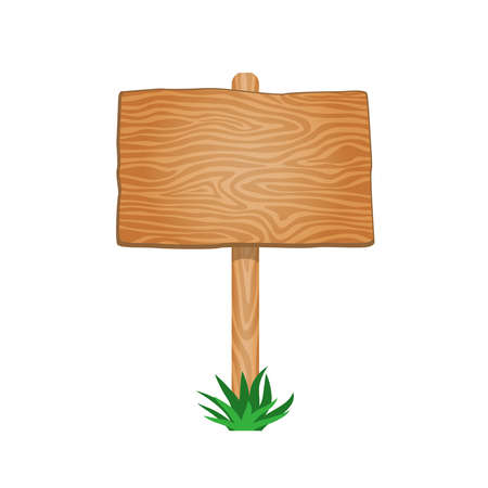 Single empty wood signboard of sand color in green grass on white background isolated vector illustrationのイラスト素材