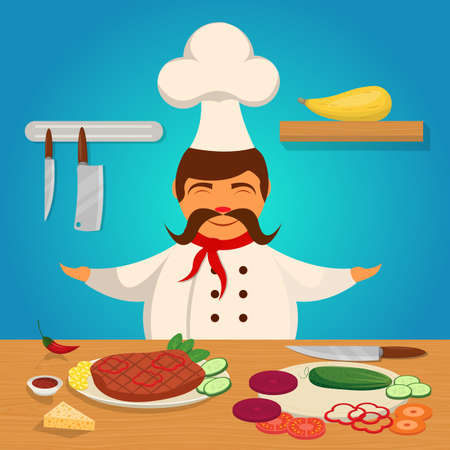 Vegetables colored poster Chef in uniform prepare meal in the kitchen of restaurant vector illustrationのイラスト素材