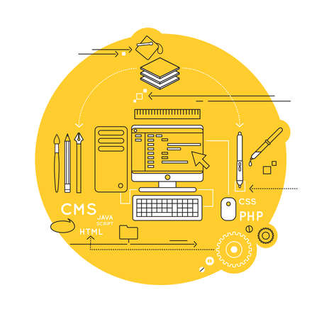 Web design line composition with computer and tools necessary to designer at work vector illustrationのイラスト素材