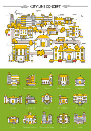 Building line concept wit different types of building in city hospital library hotel school vector illustrationのイラスト素材