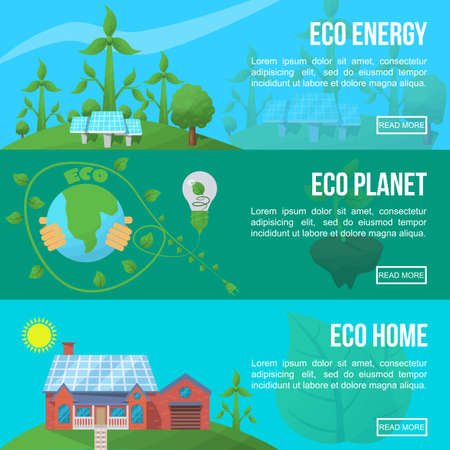 Horizontal ecology banner set with descriptions of eco energy planet and home vector illustrationのイラスト素材