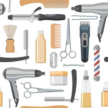 Beauty salon seamless pattern with working tools and professional cosmetics on white background vector illustrationのイラスト素材