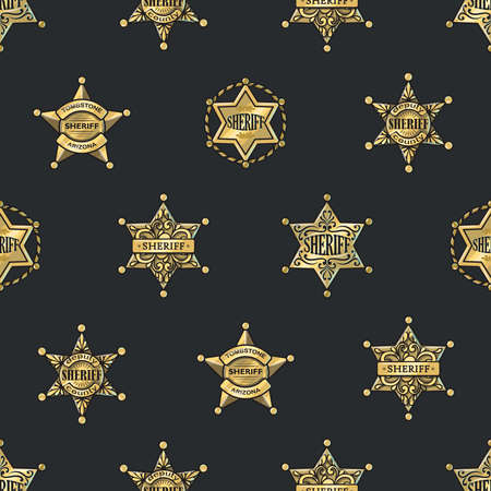 Sheriff badges seamless pattern with golden shiny five and six rays stars on black background vector illustrationのイラスト素材