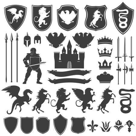 Heraldry decorative graphic icons set with medieval castle edged weapon shields flowers animals crowns isolated vector illustrationのイラスト素材
