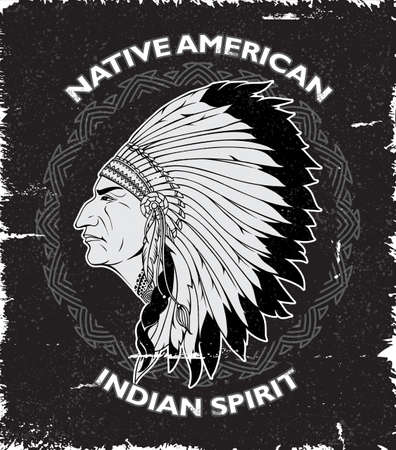 Native american spirit vintage design with male portrait in war bonnet on black grunge background vector illustrationのイラスト素材