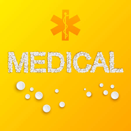 Light medicine template with medical inscription from pills and drugs on yellow background vector illustrationのイラスト素材