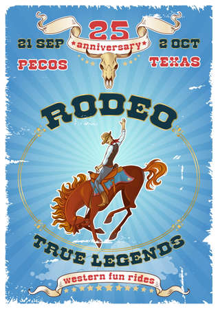 Rodeo retro poster with rider in saddle on horse in center on blue grunge background vector illustrationのイラスト素材