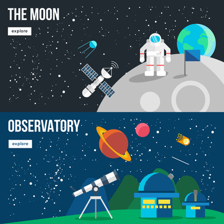 Two colored horizontal space universe banner set on the moon and observatory themes with white buttons vector illustrationのイラスト素材