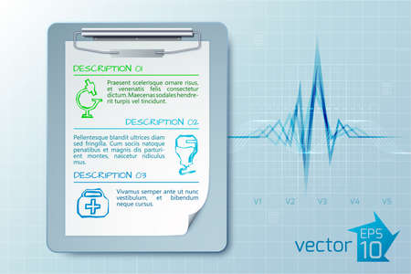 Medical care concept with clipboard text three descriptions sketch icons on light cardio background isolated vector illustrationのイラスト素材