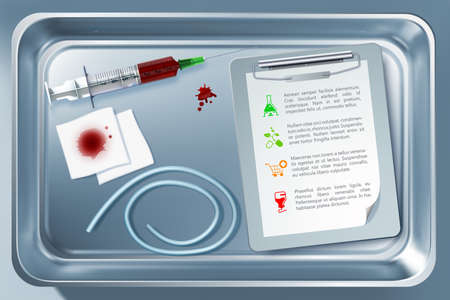 Medical tool concept with suringe bandage notepad tourniquet in sterilizer after taking blood procedure isolated vector illustrationのイラスト素材