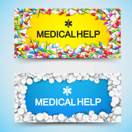 Pharmacy horizontal banners with medical help inscription and drugs pills capsules vector illustrationのイラスト素材