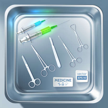 Surgery equipment concept with syringes scalpel forceps scissors in metal sterilizer isolated vector illustrationのイラスト素材