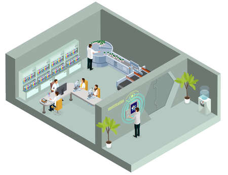 Isometric biometric identification template with scientist using retina authentication for laboratory access isolated vector illustrationのイラスト素材