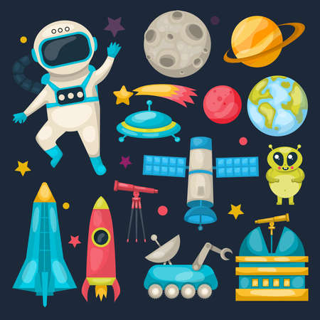 Space colored and isolated icon set elements of cosmic tools on background of the starry sky vector...