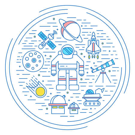 Space universe concept in line style with a few isolated icon in one big circle vector illustrationのイラスト素材