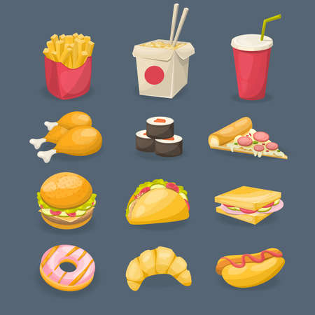 Fast food decorative icons with sushi fried potato sandwich croissant chicken on grey background isolated vector illustrationのイラスト素材