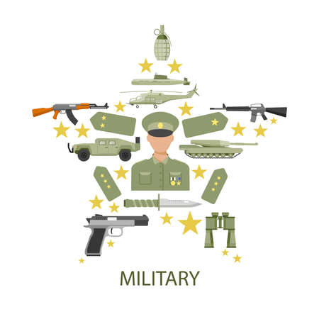Army star composition with officer in center shoulder straps military vehicles ammunition and inscription vector illustrationのイラスト素材