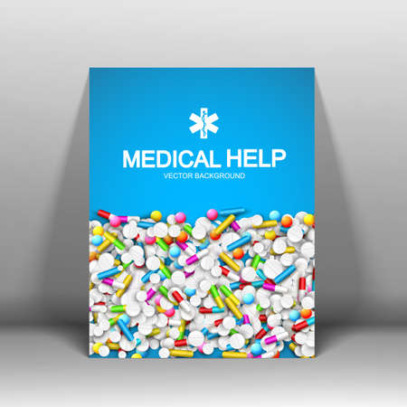 Medical help brochure with pills capsules and light blue background isolated vector illustrationのイラスト素材