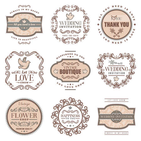 Vintage romantic labels set with wedding invitation love amorous inscriptions pigeon ornamental frames and vignettes isolated vector illustrationのイラスト素材