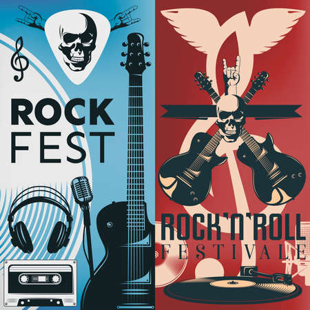 Two vertical music booklet of flyer set with descriptions of rock fest and rock n roll festival vector illustrationのイラスト素材