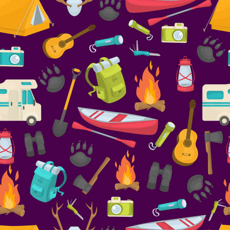 Camping seamless pattern with lantern shovel binoculars tent backpack axe flashlight boat on purple background vector illustrationのイラスト素材