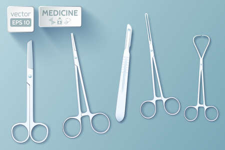Medical tools set of forceps scalpel scissors clamp on blue background isolated vector illustrationのイラスト素材