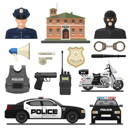 Flat isolated and colored police icon set with law enforcement officers and their means of transportation vector illustrationのイラスト素材