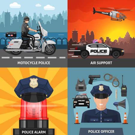 Four square colored police icon set with headlines motorcycle police air support police alarm and police officer vector illustrationのイラスト素材