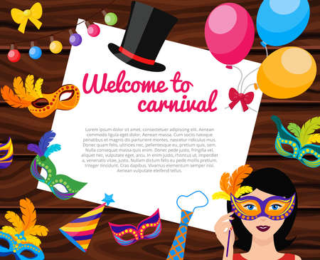 Welcome to carnival composition with text on white paper sheet festive decorations on wooden background vector illustrationのイラスト素材