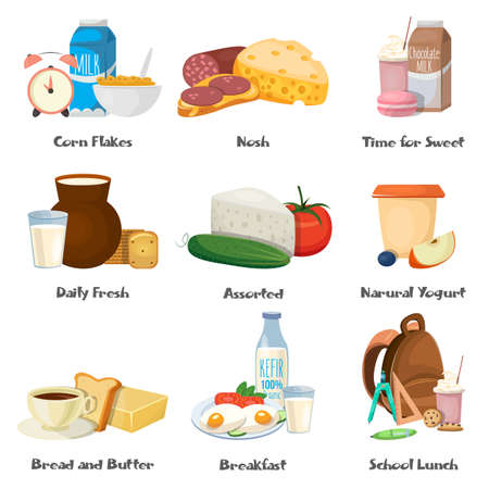 Milk food decorative icons set with corn flakes dairy fresh products school lunch breakfast isolated vector illustrationのイラスト素材