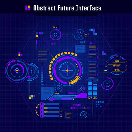 Abstract future interface concept future style user interface with round buttons charts and progress bars connected by light lines vector illustrationのイラスト素材
