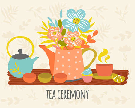 Tea ceremony hand drawn design with utensils flowers on wood table on beige herbal background vector illustrationのイラスト素材