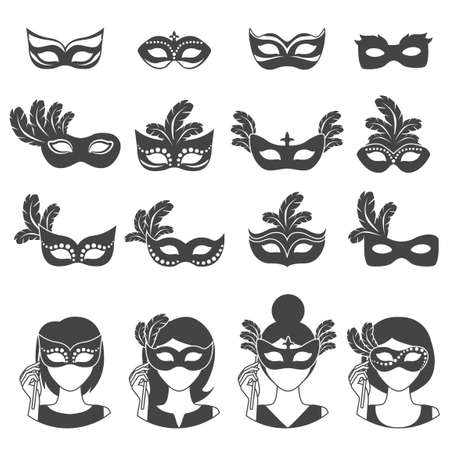Ball carnival monochrome icons with masks of different shape feathers female faces and hairstyles isolated vector illustrationのイラスト素材