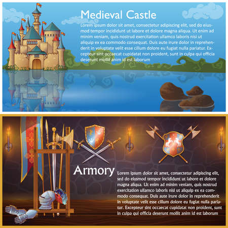 Attributes of knight compositions with medieval castle and heraldic signs on armour weapons shields isolated vector illustrationのイラスト素材
