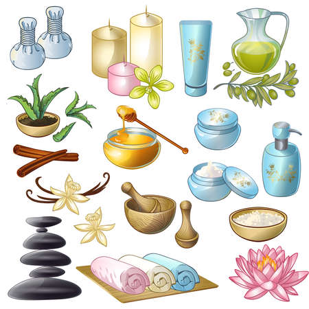 Spa salon decorative icons set with candles cosmetics olive oil sea salt stones honey isolated vector illustrationのイラスト素材