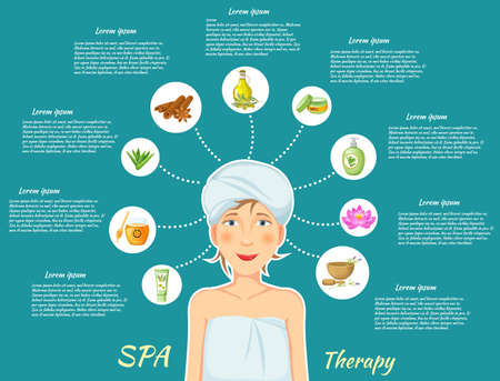 Spa therapy infographics with woman in towels and signs of body procedures on blue background vector illustrationのイラスト素材
